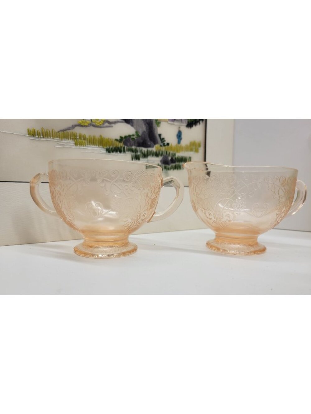 Hazel Atlas Florentine Pink Creamer & Sugar Flat Rim Depression Glass Vintage